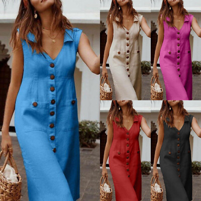 Women Cotton Linen Button Summer Dress Ladies V Neck Midi Dress with Pocket Boho $4.99