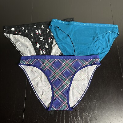 #ad NWT Victoria#x27;s Secret Womens M Cotton Bikini Panties Lot of 3 Blue Plaid Penguin $19.20