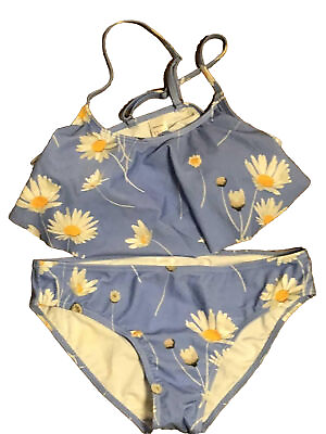 #ad Girls Two Piece Bikini Swimsuits Floral Ruffle Swimwear Blue Size XL 13 14 $10.00