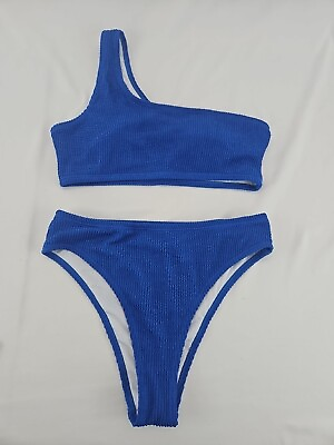 #ad Ribbed One Shoulder Bikini Swimsuit Padded Cheeky Bottom Womens Size M. Blue $14.99