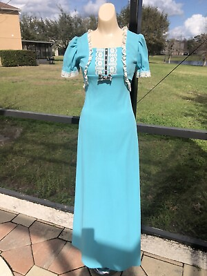 #ad Vintage 70s Turquoise Polyester Maxi Babydoll Dress Handmade Boho Puffy Sleeve $65.00