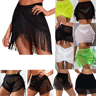 #ad Women Ruffle Trim Sheer Beach Cover Up Skirt ShortS Wrap Bikini Shiny Swimwear $10.10
