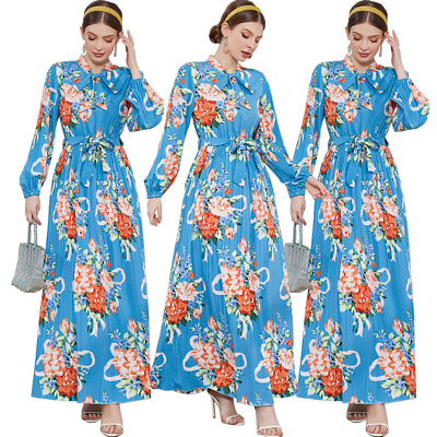 #ad Fashion Muslim Floral Printed Women Long Sleeve Maxi Dress Casual Abaya Caftan $30.69
