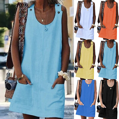 #ad Women Summer Mini Dress Casual Loose Beach Sundress Boho Buttons Strap Dress $10.37
