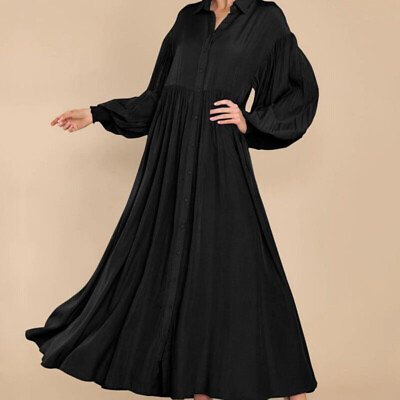 #ad Ladies Kaftan V Neck Long Dress Women Party Button down Shirt Solid Maxi Dresses $32.38