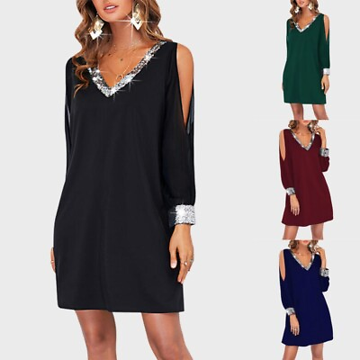 #ad Women Sequin Cold Shoulder Mini Dress Sexy Evening Party Cocktail Dresses Gown $15.79
