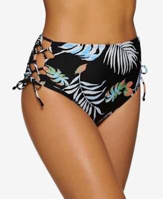 #ad Hula Honey Medium Bikini Bottoms High Waisted Black Floral Swimsuit Juniors NEW $5.00