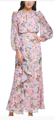 #ad Eliza J Size 4 Pink Floral Waisted Long Sleeve Party Dress Slit Ruffle Maxi $188 $144.00