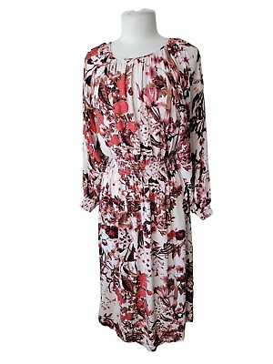 #ad #ad Hamp;M Floral Boho Dress Long Sleeve Ivory Brown Orange Smocked Waist Medium $14.99