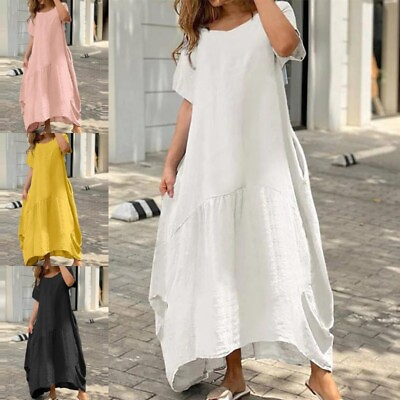 #ad Women Long Dress Plus Size Maxi Dresses Ladies Holiday Bohemian Short Sleeve $26.99