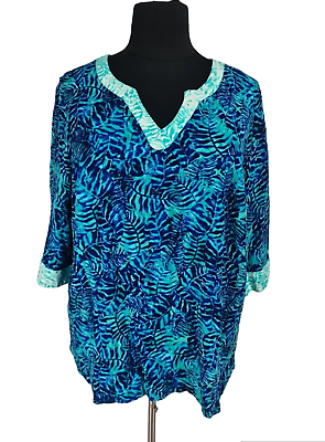 #ad CATHERINES Womens Boho Tunic Top Plus Size 1X Blue Floral 3 4 Sleeve V Neck 56A $24.99