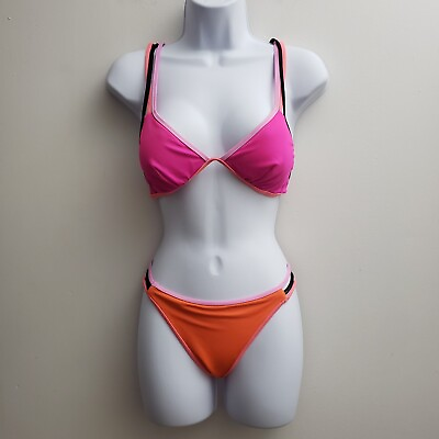 Victorias Secret The Strappy Cheeky Bikini Set Size Medium Pink Orange Neon Sexy $25.00