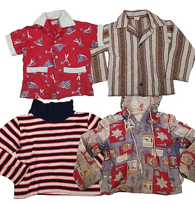 #ad Vintage 70s Boys Shirts LOT Jacket AOP Stripe Sweater Button Up Hoodie Boho 4T $60.00