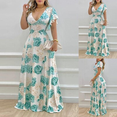 #ad Summer Women V Neck High Waist Floral Maxi Dress Ruffled Sleeves Party Ball Gown $25.76
