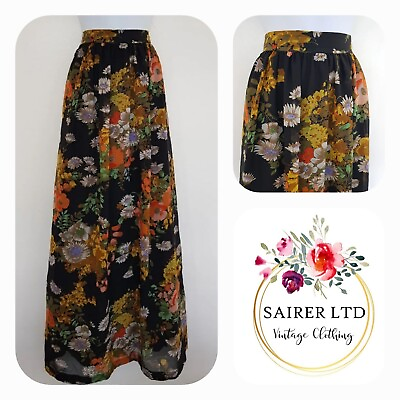 Vintage Skirt Size 8 Black Yellow Orange Floral Chiffon Sheer Long Maxi Tall GBP 45.00