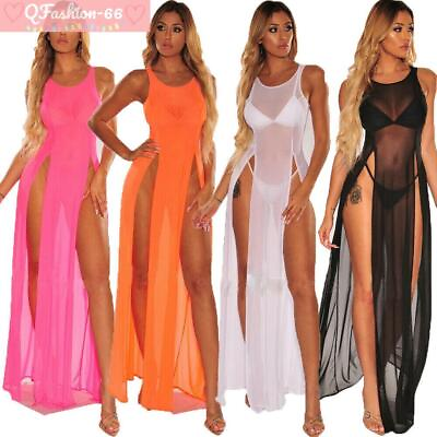 #ad Plus Size Womens See Through Sleeveless High Slit Dress Maxi Long Beach Cover Up $19.12