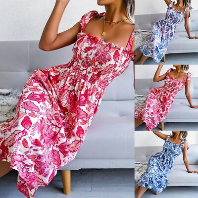#ad #ad Women Sleeveless Strappy Flowers Printed Maxi Skirt Bohemian Holiday Dress $33.60