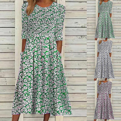 #ad Women Floral Holiday Beach Midi Dress Summer Short Sleeve Pockets Swing Sundress $25.98