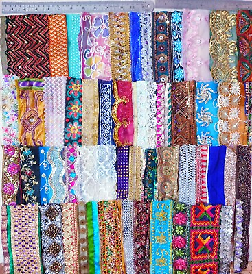 #ad VERY RARE LOT Antique Vintage Sari LACE EDGING RIBBON 50 Pcs EMBROIDERED DS87 $23.49