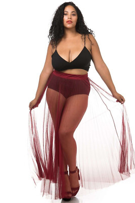 Women#x27;s Sexy Elastic Waist Pleated Sheer Mesh Maxi Skirt Plus Size Curvy Glam $18.99