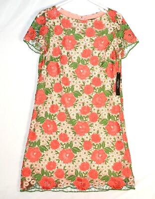Tahari Arthur S Levine Floral Crochet Lace Dress Size 4 Short Sleeve $158 $44.99