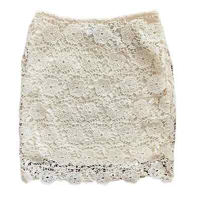 #ad FRANCESCA#x27;S Bohemian Floral Crochet Overlay Mini Skirt Cream Size Small Boho NWT $20.21