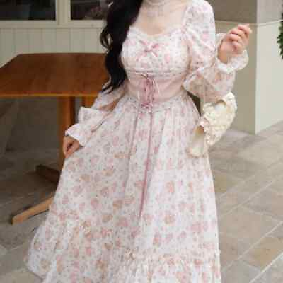 #ad Spring Pink Flower Elegant Dress Women#x27;s Lace Printed Sweet Vintage Dress $60.87