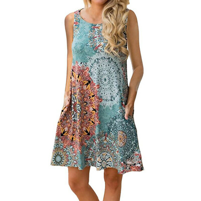 Summer Dress for Women Beach Floral Tshirt Sundress Sleeveless Pockets Casual $22.95