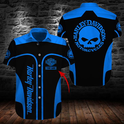Personalized Name Harley Davidson Limited Edition Men#x27;s Blue Hawaiian Shirt S 5X $33.99