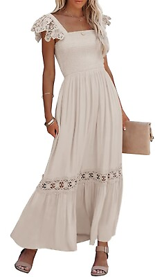 #ad Ivory Maxi Dress Boho Side Pockets Women’s Sz Small Ruffled Smocked Crochet $28.00