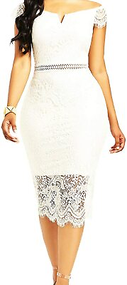 White Lace Dress Women#x27;s Elegant Round Neck Floral Lace Short Sleeve Cocktail Pa $93.32