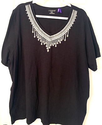 Catherines Top Plus Petite 3X 26 28 Black Embroidered Dangle V Neck Party Tee $16.49