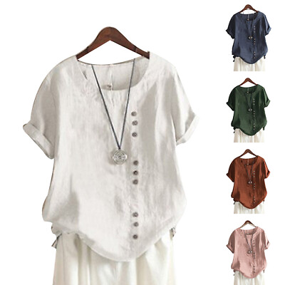 Plus Size Womens Summer Cotton Linen Shirt Tops Ladies Short Sleeve Tunic Blouse $15.99