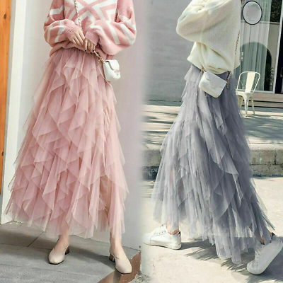 #ad Women Solid Color Long Skirt Tulle Skirt Mesh Pleated Elastic High Waist Layered $19.38