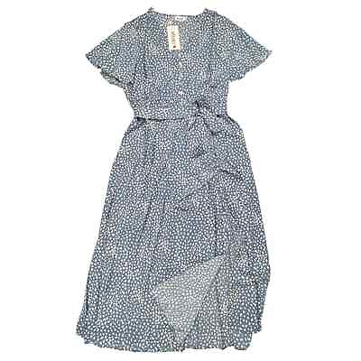 #ad Women#x27;s Large Blue Short Sleeve Pattern Side Slit Summer Maxi Long Boho Dress $25.00