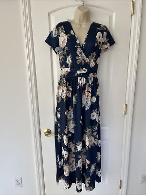 #ad Ouges Blue Size M Floral Maxi Dress Short Sleeve Pockets $34.99