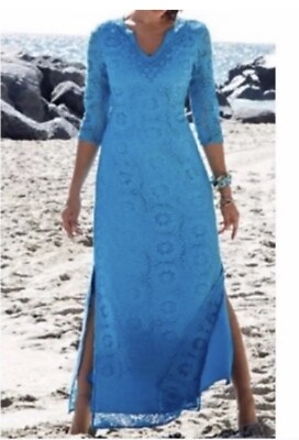 #ad Lilly Pulitzer V Neck Blue Crochet Long Maxi Dress 3 4 Sleeve Cruise Beach S $75.00