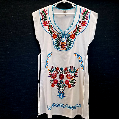 New Embroidered Mexican Cotton Dress Turquoise on White Boho Girls Size 7 8 $19.98