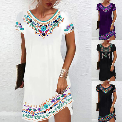 #ad Women#x27;s Boho Floral Short Sleeve Mini Dress Ladies Summer Holiday Beach Sundress $18.42