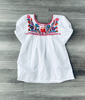 #ad Girls White Embroidered Shirt Size S Floral Short Sleeve Spanish $16.23