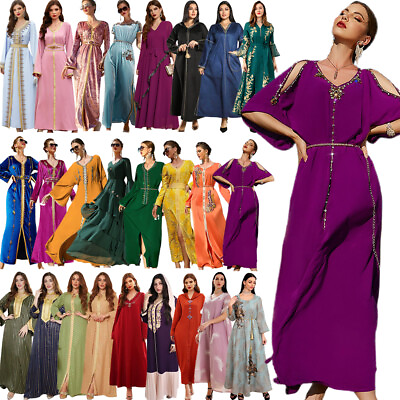 #ad Muslim Women Long Dress Dubai Abaya Islamic Kaftan Arab Robe Caftan Ramadan Gown $44.09