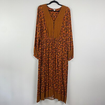 #ad Knox Rose Boho Dress Large Floral Peasant Hippy Pockets Front Slit Long Sleeve $23.95
