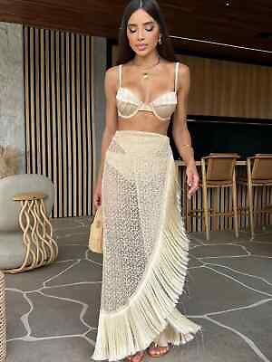 #ad Sexy Solid Color Three Piece Bikini Set Padded Bra Tassel High Waist Beach Skirt $51.29
