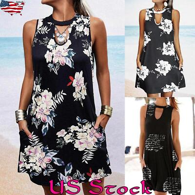 #ad Boho Women Floral Tank Dress Sleeveless Mini Dress Ladies Summer Vest Sundress $23.09