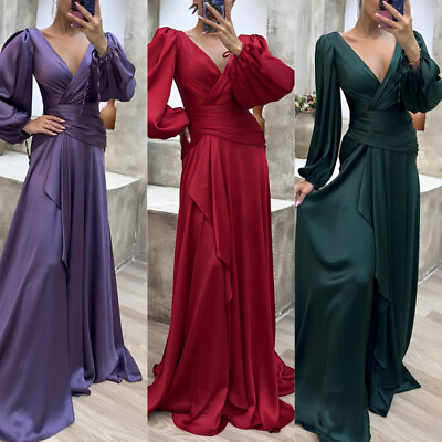 #ad NEW Women Stylish V Neck Long Sleeves Solid Evening Party Long Dress Cocktail $39.03