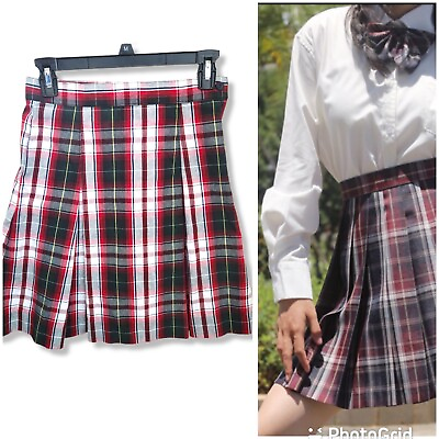 #ad High School Uniforms Girl Red Plaid High Waisted Pleated Kilt Skirt Costume 14 $5.09