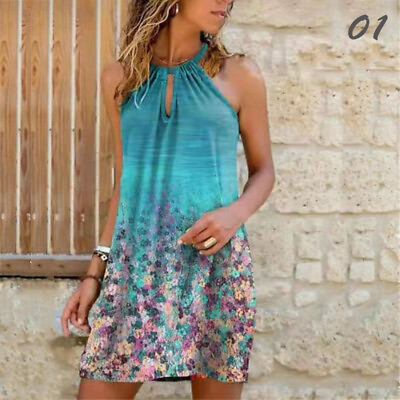 #ad #ad Women Holiday Sleeveless Floral Halter Neck Summer Short Dress Beach Sundress $20.50