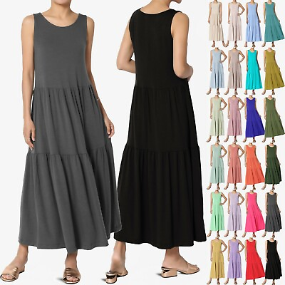 #ad Women#x27;s Summer Sleeveless Scoop Neck Tiered Jersey Relaxed Fit Long Midi Dress $28.99