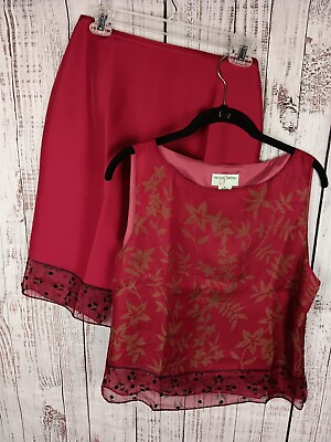 #ad Parisian Signature Skirt Suit Women#x27;s 8 Petite Red 100% Silk Vintage Paisley $30.00