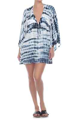 #ad BOHO ME Collection Navy White Tie Dye V Neck Batwing Sleeve Beach Cover Up SMALL $39.20
